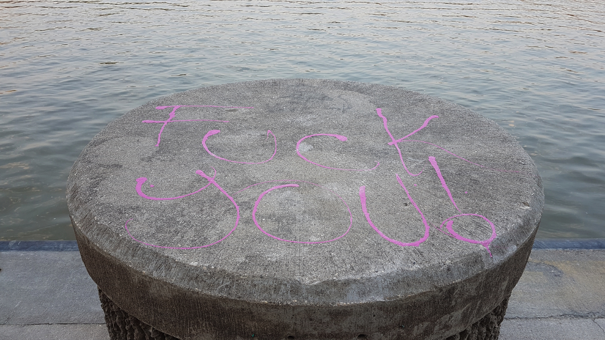 a short but wide concrete circle with the edge of a dock behind it, and FUCK YOU painted on in pink