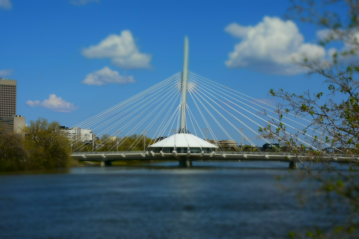 a tilt shift image of a cable-stayed bridge with a white pointy pole in the middle and several cables coming out each side